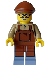 LEGO Lodge Owner - Male, Reddish Brown Apron, Sand Blue Legs, Reddish Brown Flat Cap, Moustache, Glasses minifigure