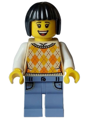 LEGO Tourist - Female, Tan Knit Argyle Sweater Vest, Sand Blue Legs with Pockets, Black Bob Cut Hair, Freckles minifigure