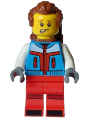 LEGO Tourist - Male, Dark Azure Jacket, Red Legs with Dark Red Stripes on Knees, Reddish Brown Swept Back Hair, Freckles, Backpack minifigure