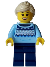 LEGO Winter Market Stall Vendor - Female, Bright Light Blue Knit Fair Isle Sweater, Dark Blue Legs, Tan Ponytail minifigure