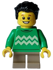 LEGO Child - Boy, Bright Green Sweater with Bright Light Yellow Zigzag Lines, Dark Tan Short Legs, Black Tousled Hair, Freckles minifigure