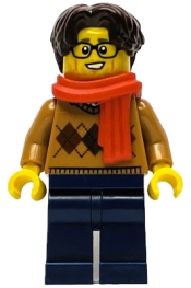 LEGO Wintertime Carriage Passenger - Male, Medium Nougat Argyle Sweater, Dark Blue Legs, Dark Brown Hair, Glasses, Red Scarf minifigure