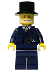 LEGO Wintertime Carriage Driver - Male, Dark Blue Suit with Gold Chain and Watch, White Beard and Moustache, Black Top Hat minifigure