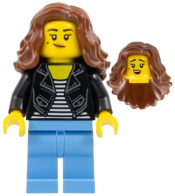 LEGO Woman - Black Jacket over Striped Shirt, Medium Blue Legs, Reddish Brown Long Hair minifigure