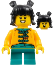 LEGO Child - Girl, Bright Light Orange Tang Jacket, Dark Turquoise Short Legs, Black Hair with Buns minifigure