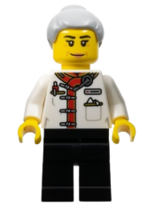LEGO Restaurant Worker - Female, White Uniform Jacket, Black Legs, Light Bluish Gray Hair with Top Knot Bun minifigure