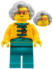 LEGO Flower Seller - Female, Bright Light Orange Tang Jacket, Dark Turquoise Legs, Light Bluish Gray Hair, Red Glasses minifigure