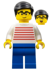 LEGO Man - White Sweater with Red Horizontal Stripes, Blue Legs, Black Hair, Glasses minifigure
