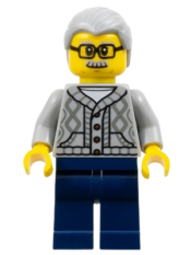 LEGO Man - Light Bluish Gray Knit Cable Cardigan Sweater, Dark Blue Legs, Light Bluish Gray Hair, Glasses minifigure