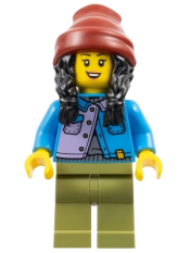 LEGO Woman - Dark Azure Jacket over Silver Shirt, Olive Green Legs, Black Hair, Dark Red Beanie minifigure