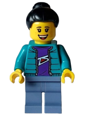 LEGO Woman - Dark Turquoise Jacket over Dark Purple Shirt, Sand Blue Legs, Black Hair Top Knot Bun minifigure