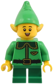 LEGO Elf - Dark Green Collar and Gold Horn, Open Mouth Smile with Freckles minifigure