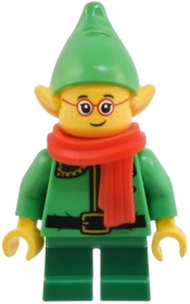 LEGO Elf - Dark Green Collar and Gold Horn, Red Scarf, Glasses minifigure