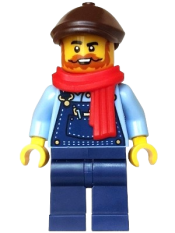 LEGO Holiday Express Train Driver - Dark Blue Overalls, Dark Brown Flat Cap, Red Scarf set