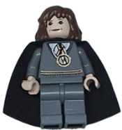 LEGO Hermione Granger, Gryffindor Stripe Torso w/ Necklace Time Turner, Dark Bluish Gray Legs, Plain Black Cape minifigure