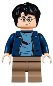 LEGO Harry Potter, Dark Blue Open Jacket with Tears and Blood Stains, Dark Tan Medium Legs, Smile / Angry Mouth minifigure
