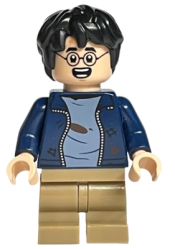 LEGO Harry Potter, Dark Blue Open Jacket with Tears and Blood Stains, Dark Tan Medium Legs, Smile / Open Mouth with Teeth minifigure