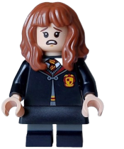 LEGO Hermione Granger - Gryffindor Robe Clasped, Black Skirt, Black Short Legs with Dark Bluish Gray Stripes, Open Mouth Scared / Closed Mouth Grin minifigure