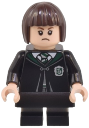 LEGO Pansy Parkinson - Slytherin Robe Clasped, Black Skirt, Black Short Legs with Dark Bluish Gray Stripes minifigure