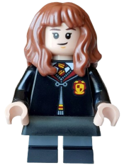 LEGO Hermione Granger - Gryffindor Robe Clasped, Black Skirt, Black Short Legs with Dark Bluish Gray Stripes, Grin / Cat Face set