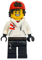 LEGO Jack Davids - White Hoodie with Backwards Cap and Hood Folded Down (Large Smile / Grumpy) minifigure