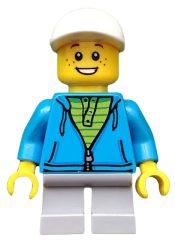 LEGO Boy, White Cap, Dark Azure Hoodie, Lime Shirt minifigure
