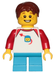 LEGO Boy, Freckles, Classic Space Shirt with Red Sleeves, Dark Azure Short Legs, Reddish Brown Hair Short Tousled with Side Part minifigure