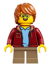 LEGO Child Boy, Dark Red Jacket with Bright Light Blue Shirt, Dark Tan Short Legs, Dark Orange Tousled Hair, Glasses minifigure