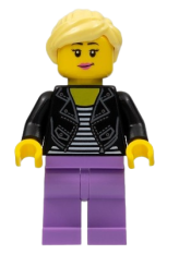 LEGO Woman, Black Leather Jacket, Medium Lavender Legs, Bright Light Yellow Hair minifigure