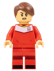 LEGO Soccer Player, Female, Red Uniform, Medium Tan Skin, Reddish Brown Smooth Parted Hair minifigure