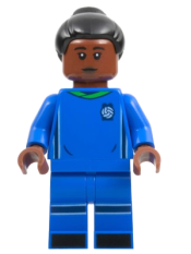 LEGO Soccer Player, Female, Blue Uniform, Reddish Brown Skin, Black Bun minifigure