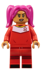 LEGO Soccer Player, Female, Red Uniform, Medium Nougat Skin, Magenta Hair minifigure