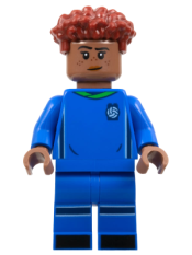 LEGO Soccer Player, Female, Blue Uniform, Medium Brown Skin, Dark Red Hair minifigure