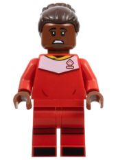 LEGO Soccer Player, Female, Red Uniform, Reddish Brown Skin, Dark Brown Hair with Bun minifigure