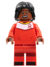 LEGO Soccer Player, Female, Red Uniform, Reddish Brown Skin, Black Hair minifigure
