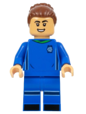 LEGO Soccer Player, Female, Blue Uniform, Medium Tan Skin, Reddish Brown Bun minifigure