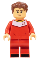 LEGO Soccer Player, Female, Red Uniform, Medium Tan Skin, Reddish Brown Wavy Hair minifigure