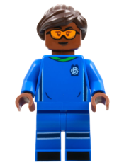 LEGO Soccer Player, Female, Blue Uniform, Reddish Brown Skin, Dark Brown Hair, Orange Goggles minifigure