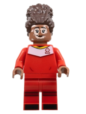 LEGO Soccer Player, Female, Red Uniform, Medium Brown Skin, Dark Brown Updo, Vitiligo minifigure