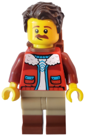 LEGO Camper - Male, Dark Brown Hair, Red Jacket, Dark Tan Legs with Reddish Brown Boots, Backpack minifigure