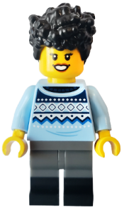 LEGO Camper - Female, Black Hair, Bright Light Blue Sweater, Dark Bluish Gray Legs with Black Boots minifigure