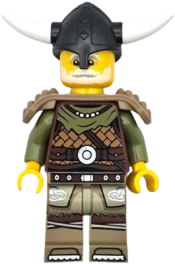 LEGO Viking Chieftain - Male, Leather Armor, Dark Tan Legs with Tunic, Pearl Dark Gray Helmet, Shoulder Armor minifigure