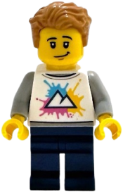 LEGO Tourist - White Shirt with Mountains Logo, Dark Blue Legs, Medium Nougat Tousled Hair set