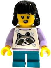 LEGO Child - Girl, White Top with Raccoon, Dark Turquoise Short Legs, Black Midlength Hair, Hearing Aid set