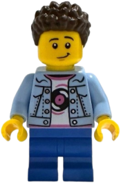 LEGO Child - Boy, Grandson, Bright Light Blue Denim Jacket over Shirt with Record, Blue Medium Legs, Dark Brown Coiled Short Hair set