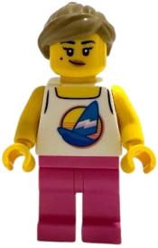 LEGO Diving Shop Owner - Female, White Tank Top with Dark Azure Sailboat, Dark Pink Legs, Dark Tan Hair with Pony Tail set