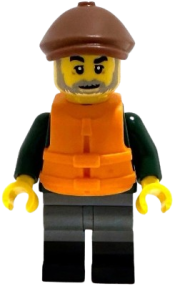 LEGO Fisher - Dark Green Open Jacket, Dark Bluish Gray Legs with Black Boots, Reddish Brown Flat Cap, Orange Life Jacket set