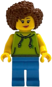 LEGO Scooter Driver - Female, Lime Hoodie, Dark Azure Legs, Reddish Brown Coiled Hair set