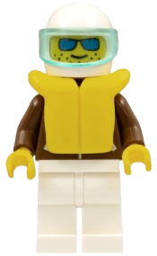 LEGO Jacket Brown - White Legs, White Helmet, Trans-Light Blue Visor, Blue Sunglasses, Life Jacket minifigure