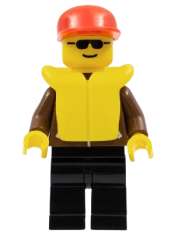 LEGO Jacket Brown - Black Legs, Red Cap, Black Sunglasses, Life Jacket minifigure